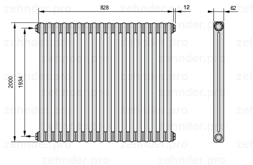 Схема (чертеж) Радиатор Zehnder Charleston 2200/18 №1270 Белый глянцевый RAL 9016